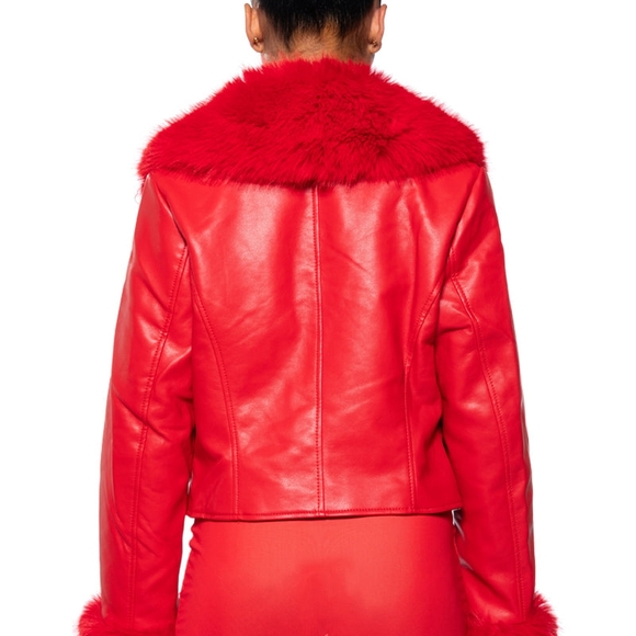 Red Faux Fur Trim Jacket - Picture 3 of 6